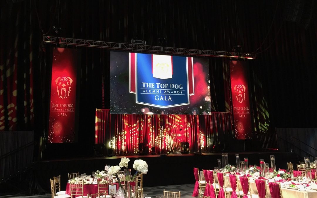 Shows view of stage showing set & stage rentals at Fresno State Top Dog Awards Gala