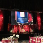 Shows view of stage showing set & stage rentals at Fresno State Top Dog Awards Gala