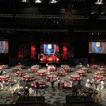 Shows setup of SaveMart Center as part of event production for Fresno State
